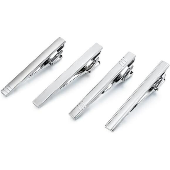 Mens Silver Tie Clip Set 4 Pack Metal Tie Bars Formal Business Wedding Gift - Picture 1 of 7
